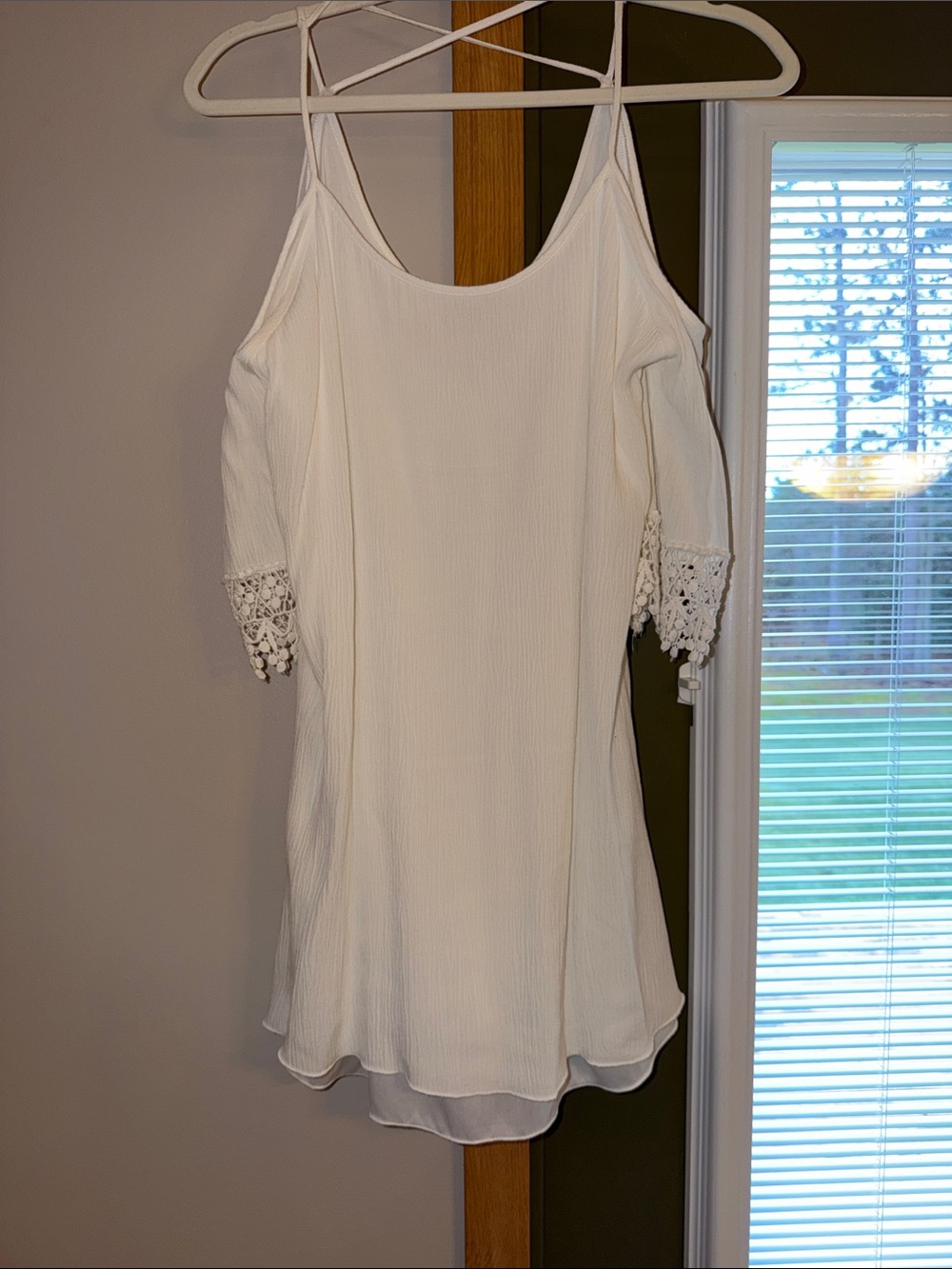 White Cold-Shoulder Dress with Crochet Sleeve Detail